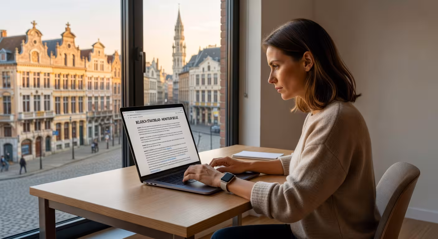 Vrouw leest Belgische wetgeving over sugar dating op laptop