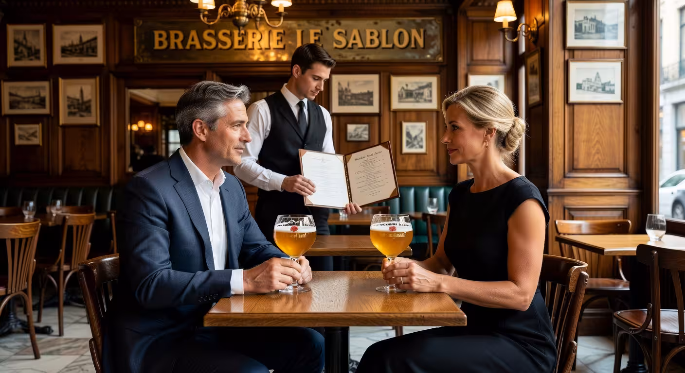 Elegant koppel geniet van Belgische trappistenbieren in chique brasserie op het Zavel