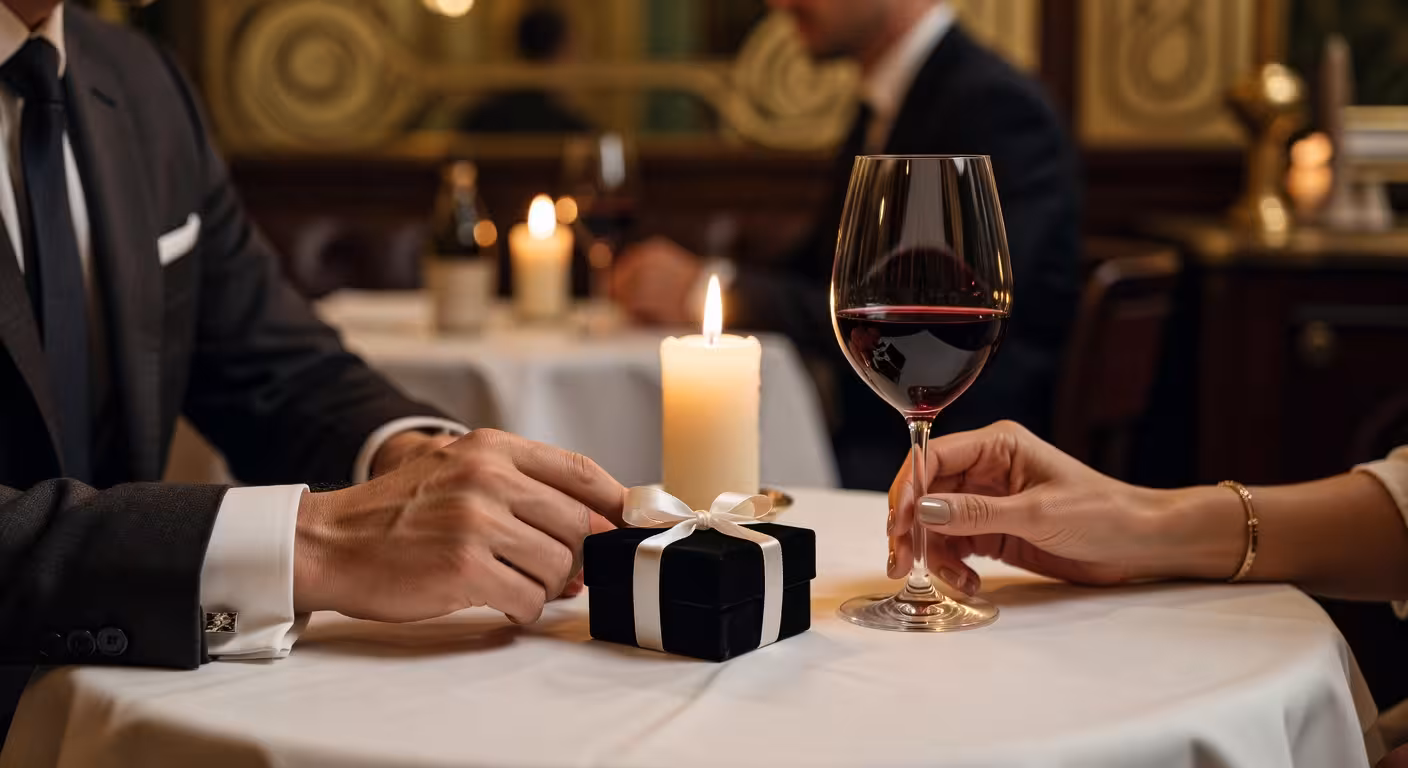 Cadeau uitwisseling tijdens elegant diner in Belgische brasserie