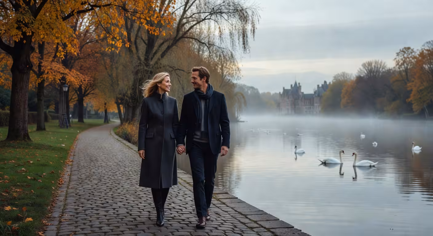 Sugar daddy en sugar baby wandelen samen langs het Minnewater in Brugge