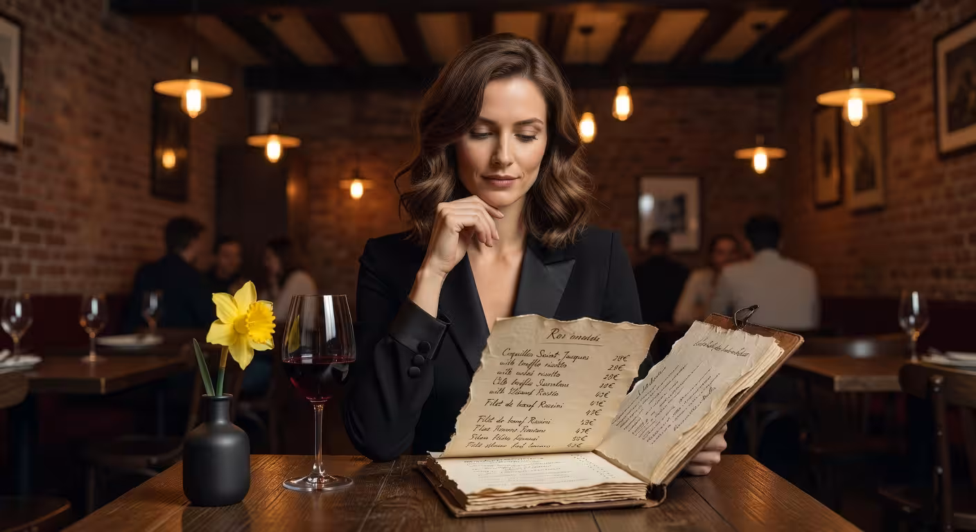 Sugar baby bekijkt menukaart in verfijnd Belgisch restaurant
