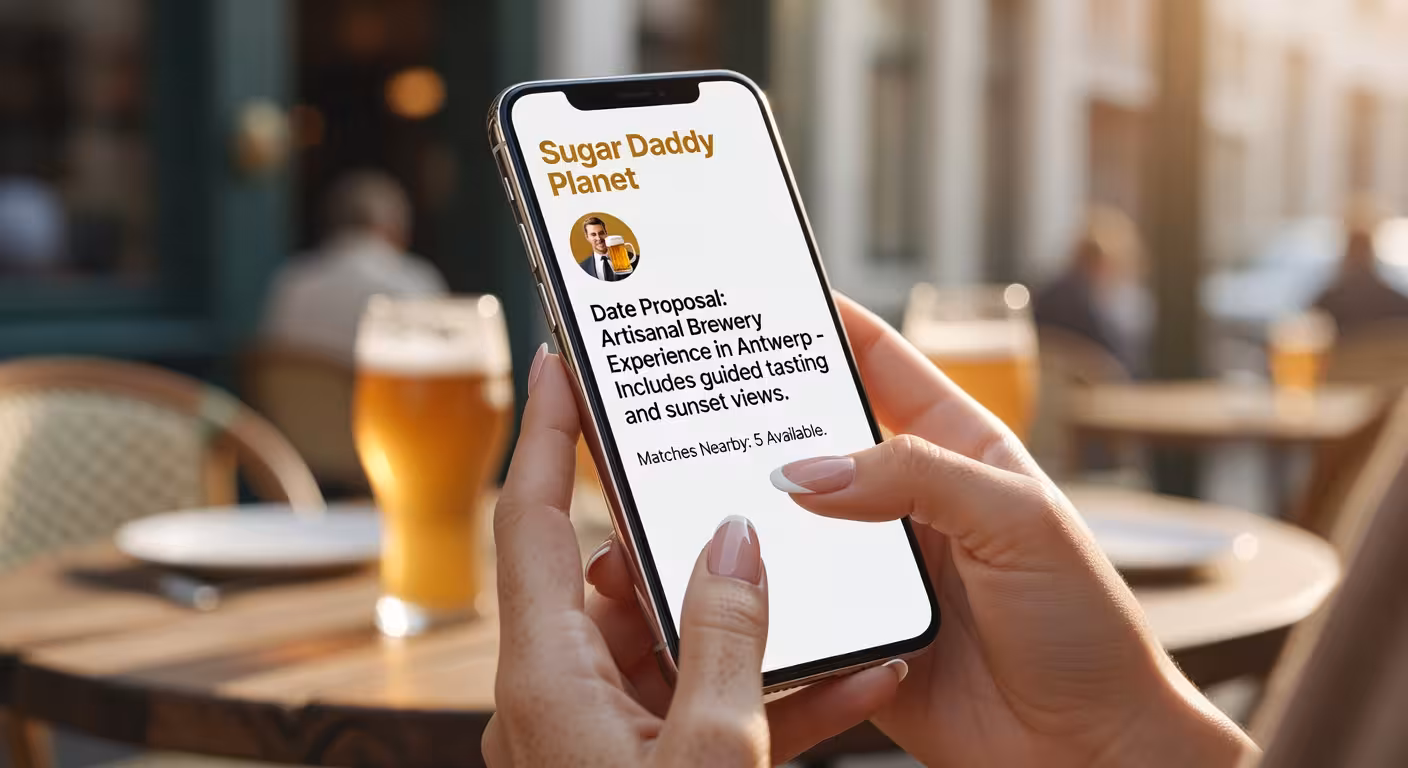 Sugar baby bekijkt dating app met biergerelateerde date suggesties op smartphone