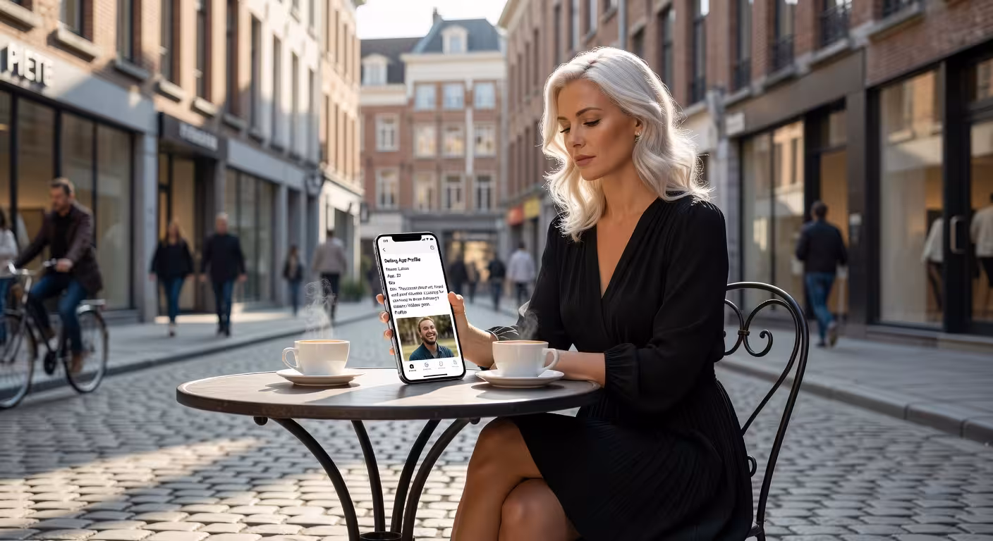 Vrouw bekijkt sugar dating profiel op terras in Antwerpen