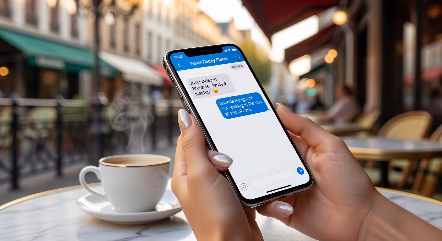 Belgische sugar baby die berichten verstuurt via dating app in Brussels cafe