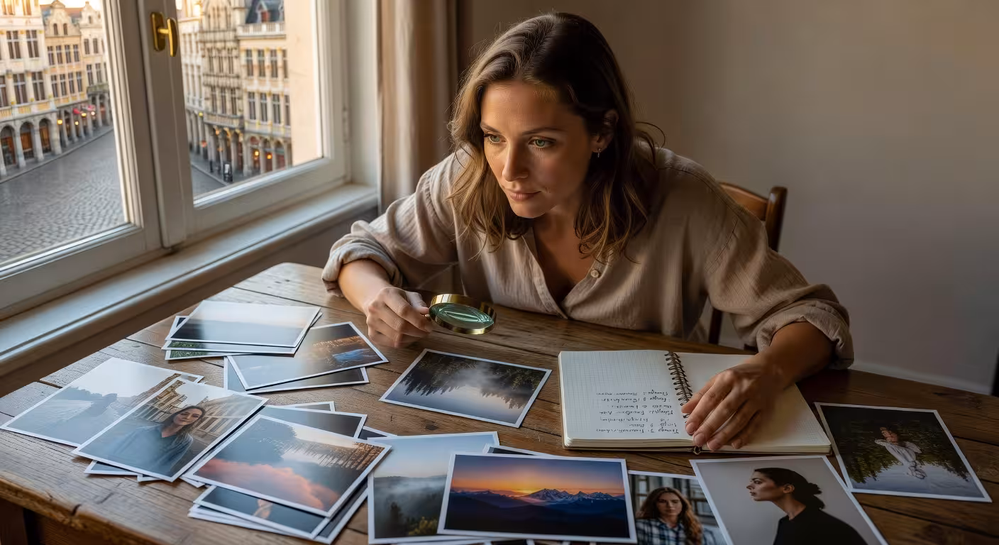 Selectie van verschillende profielfoto's uitgespreid op tafel