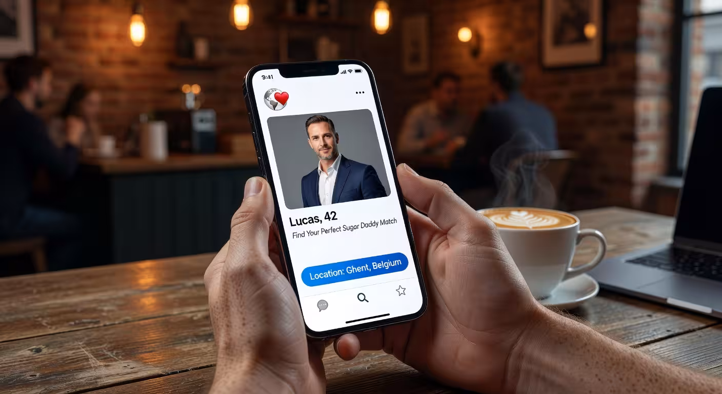 Man gebruikt sugar dating app met Gent locatiefilter in koffiebar