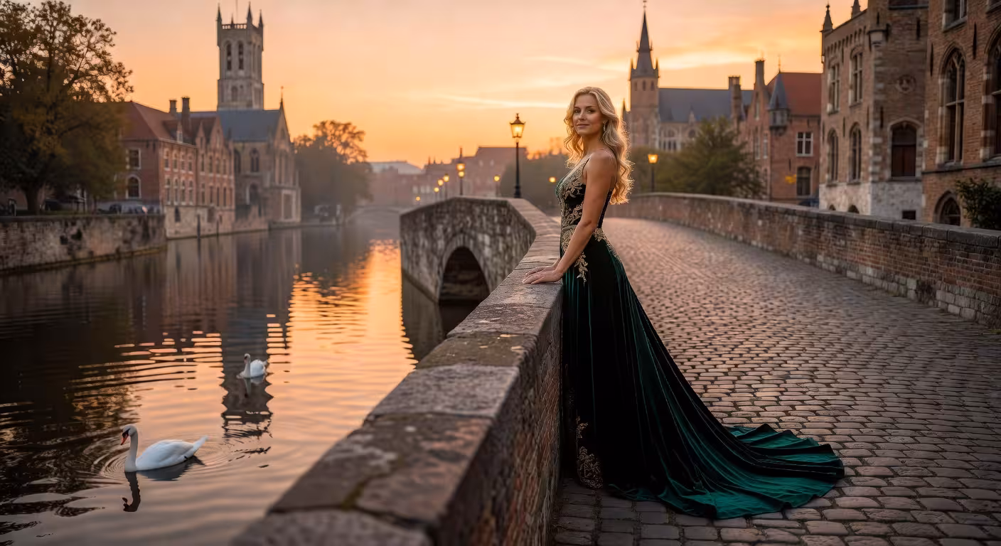 Sugar baby poseert elegant op een brug in Brugge tijdens zonsondergang