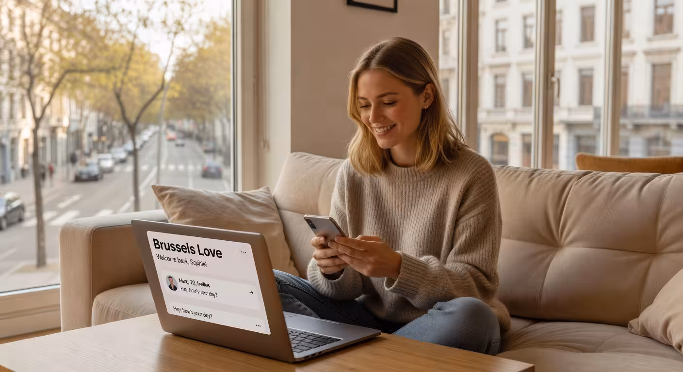 Sugar baby communiceert met matches vanuit haar appartement in Brussel
