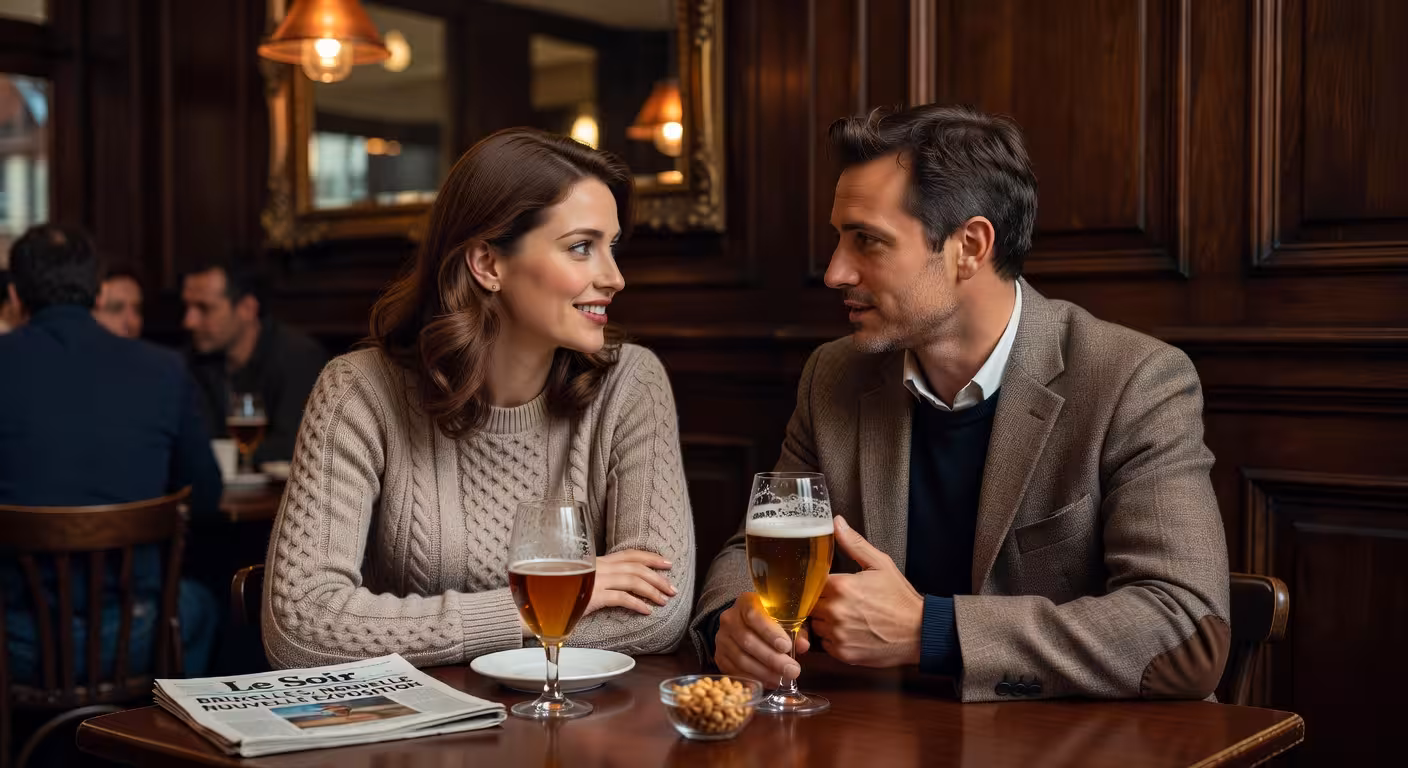 Sugar daddy en sugar baby in intiem gesprek in een gezellig café in Brugge