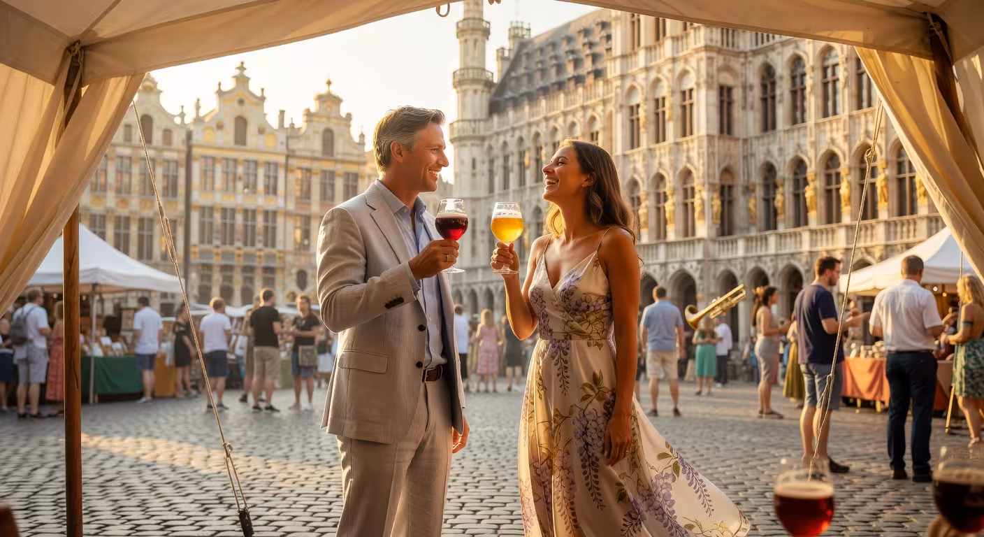 Koppel geniet van ambachtelijk lambic bier tijdens bierfestival in Brussel
