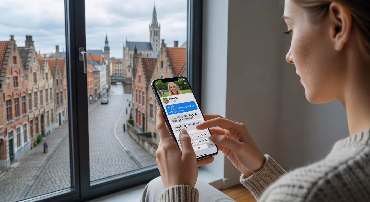 Sugar baby stuurt bericht via dating platform vanuit haar appartement in Brugge