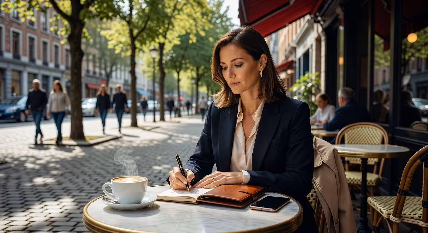 Sugar baby schrijft in notitieboek op terras in Uccle, Brussel