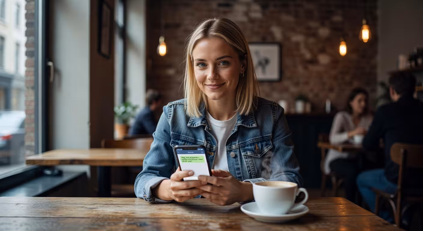 Gen Z sugar baby communiceert snel via dating app in Antwerps café