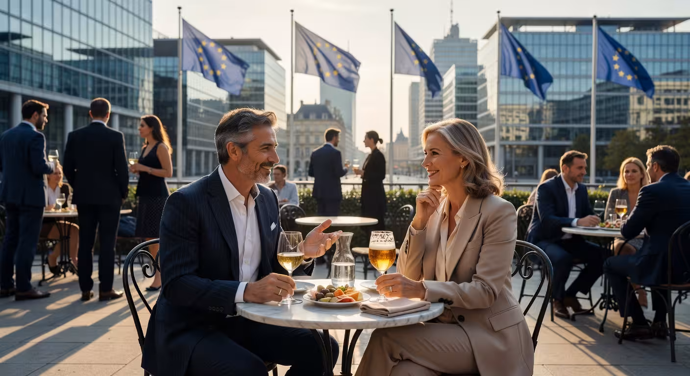 Koppel geniet van aperitief op Place du Luxembourg in Europees kwartier